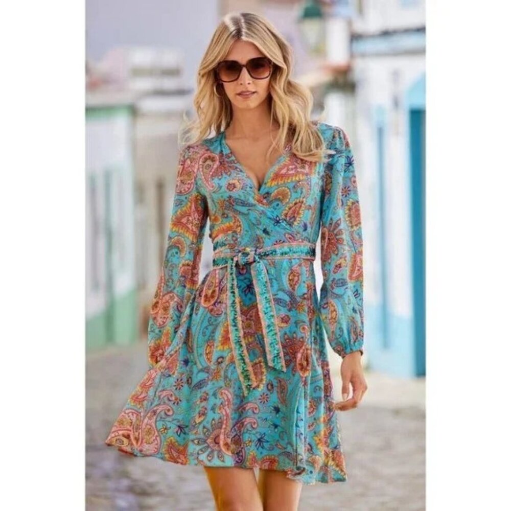 Boston Proper Beach Paisley Embellished Printed Wrap Dress xs